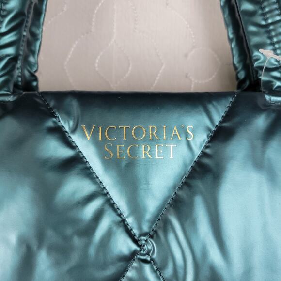 Victorias Secret Womens Tote Bag Large Green Metallic Quilted Puffer 14" NEW - Picture 16 of 16